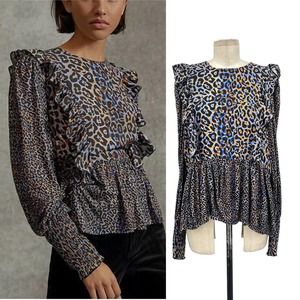 Anthropologie Bl-nk London Moira Ruffled Peplum Leopard Print Top Blue Size XL